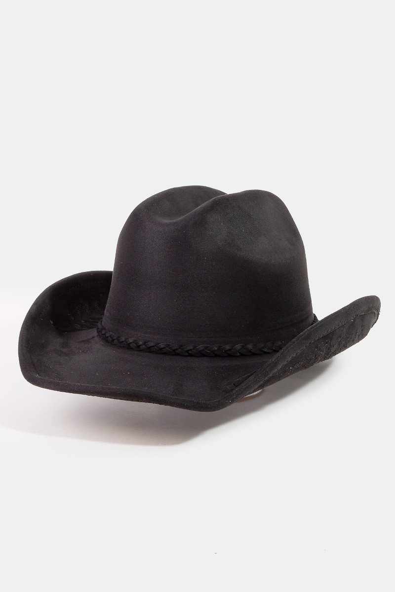Braided Strap Embroidered Faux Suede Cowboy Hat