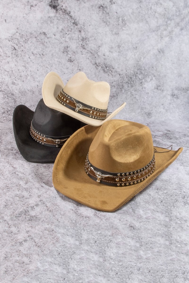 Layered Western Bull Head Strap Cowboy Hat