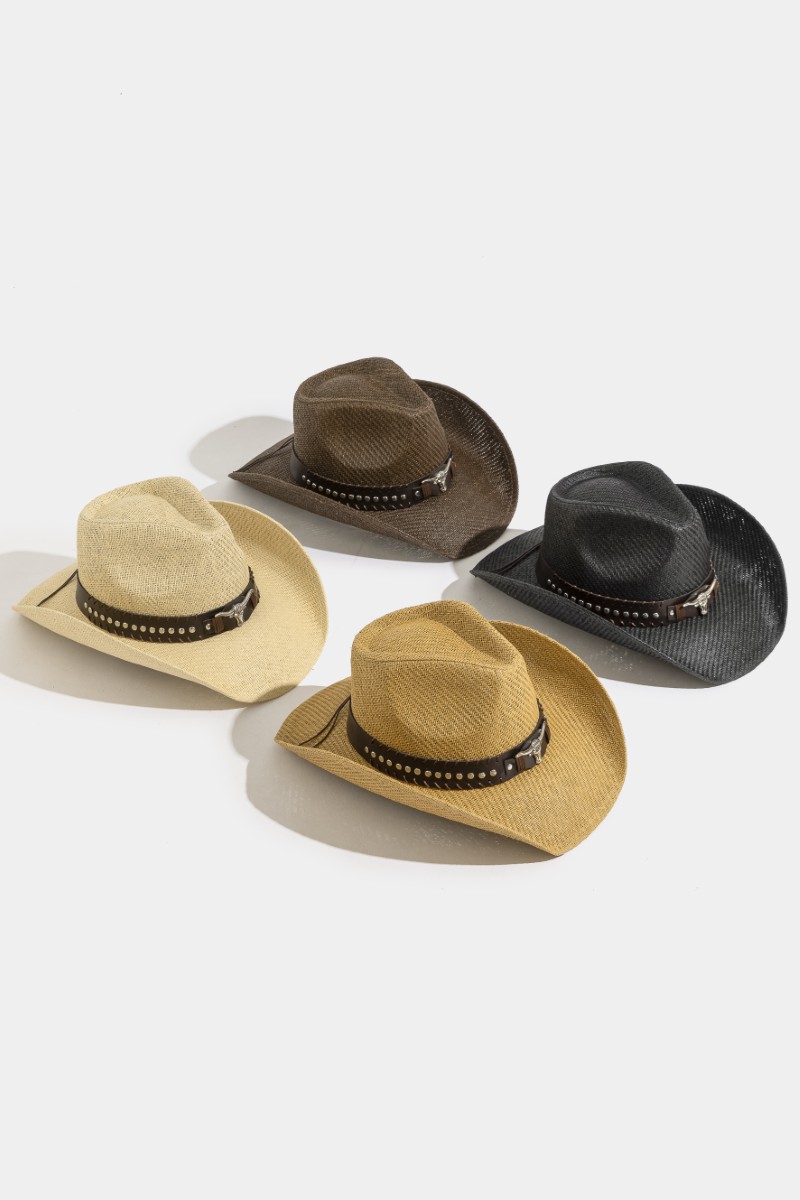 Studded Bull Head Strap Straw Western Cowboy Hat