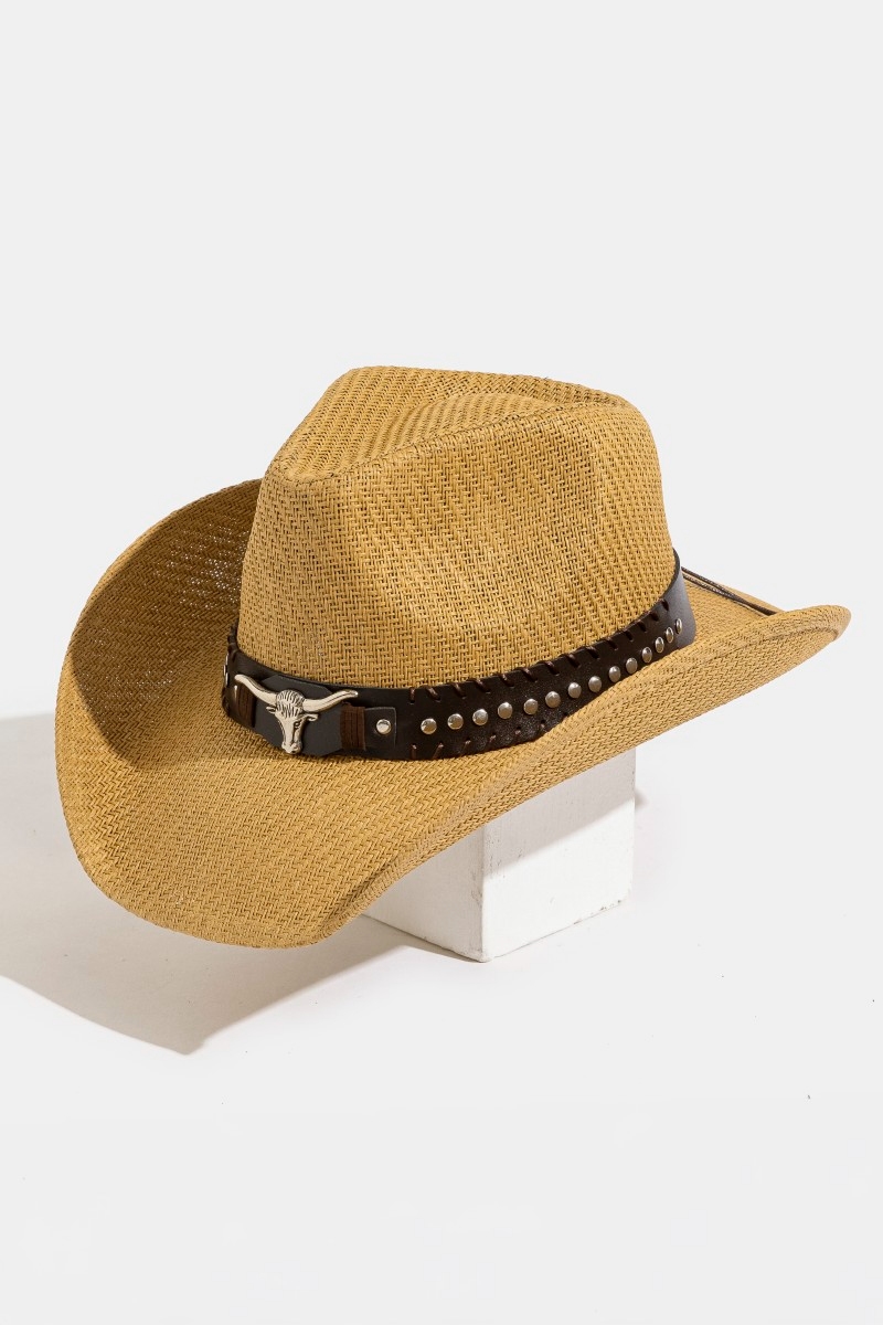 Studded Bull Head Strap Straw Western Cowboy Hat