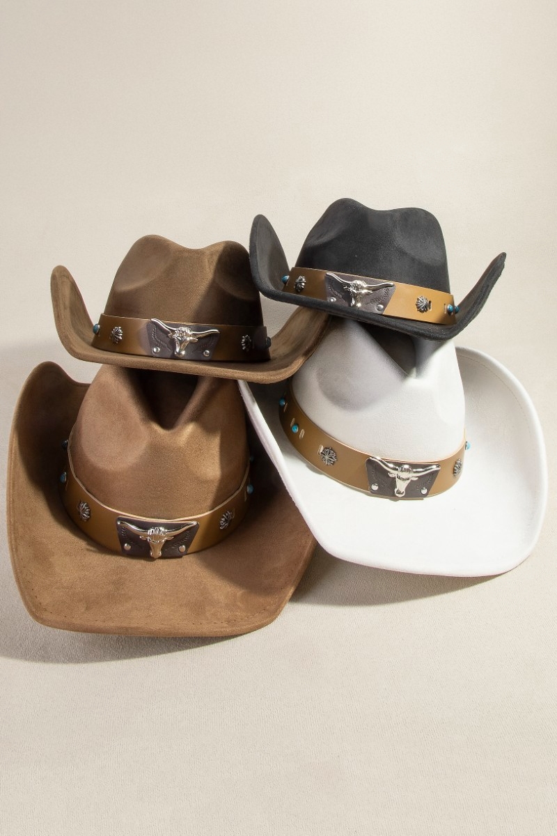 Western Bull Head Concho Accent Leather Strap Suede Cowboy Hat