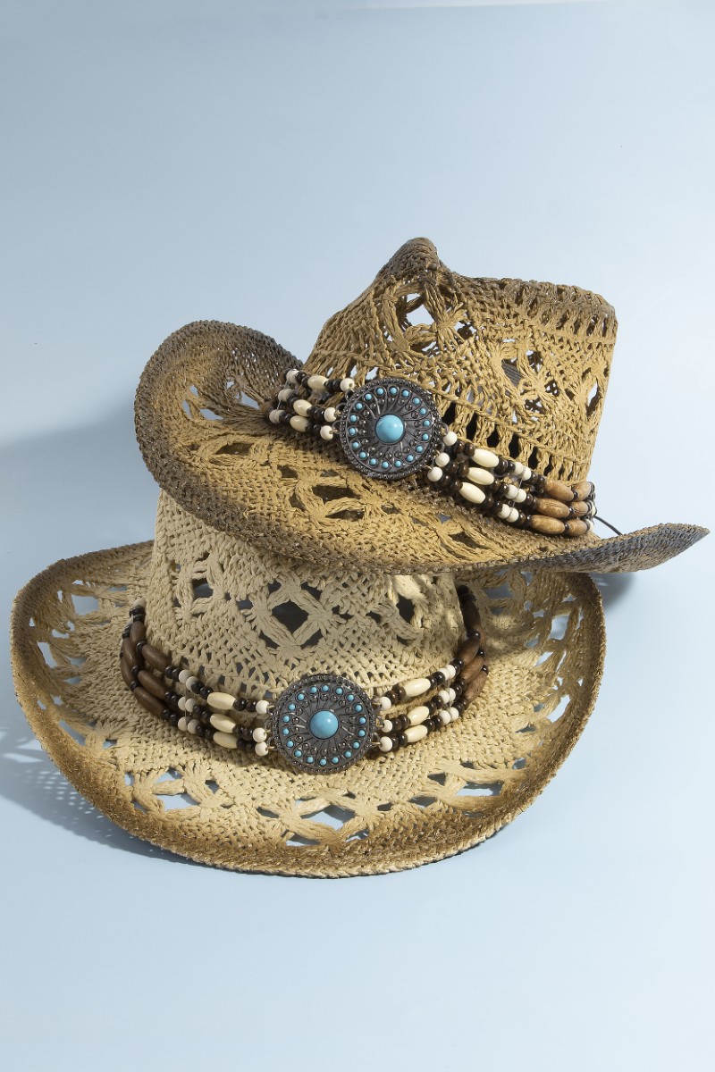 Straw Braided Concho Beaded Strap Cowboy Hat