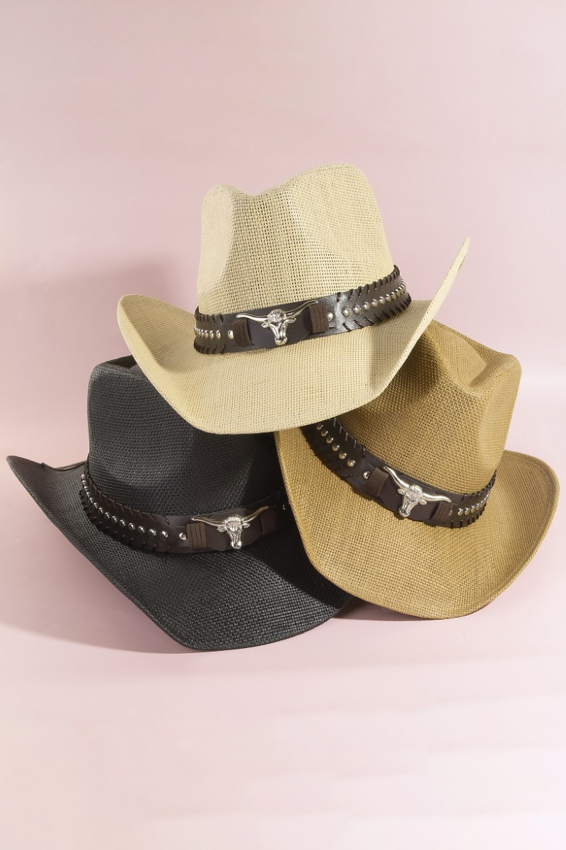 Western Long Horn Belt Strap Straw Cowboy Hat