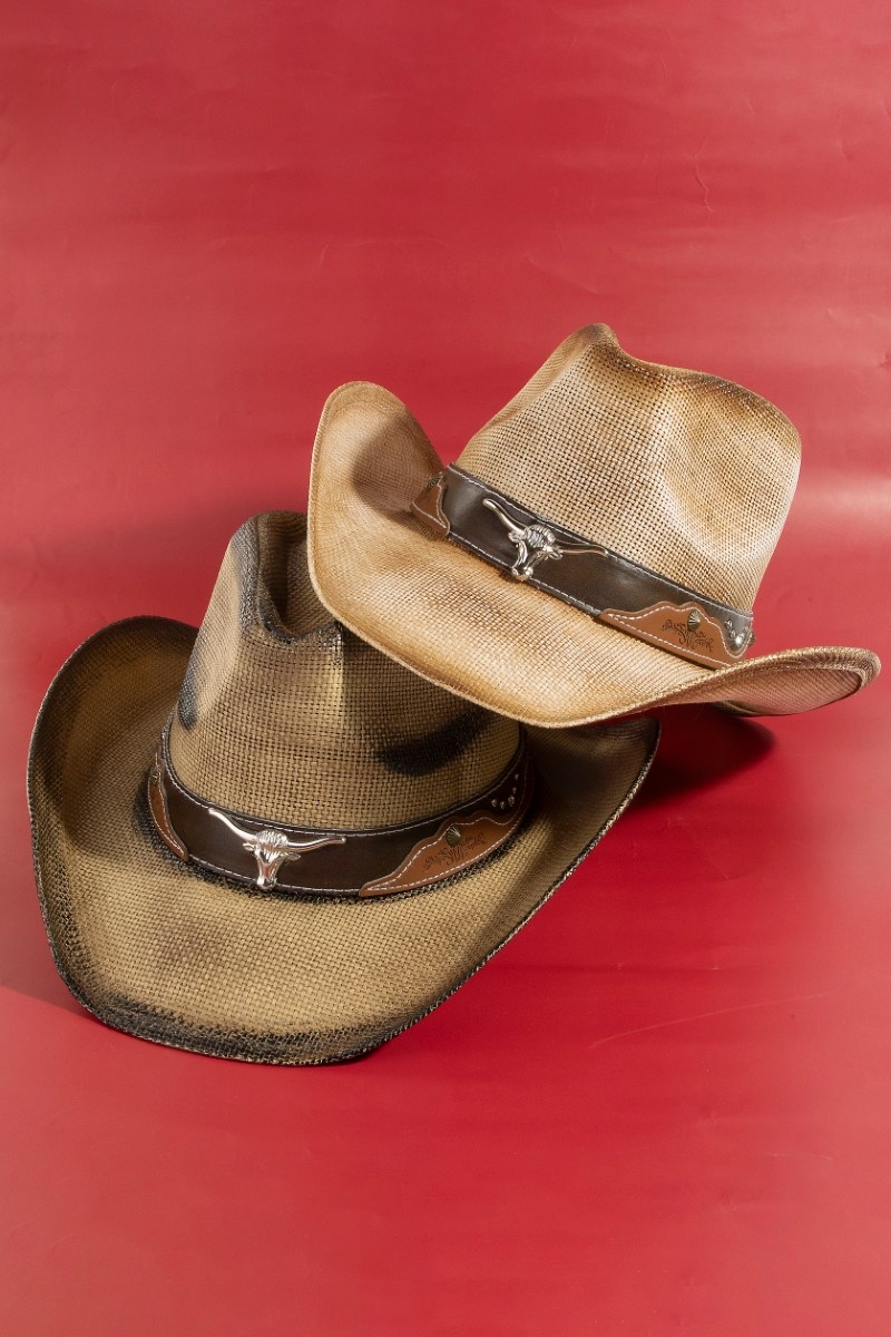 Western Long Horn Strap Trim Straw Cowboy Hat