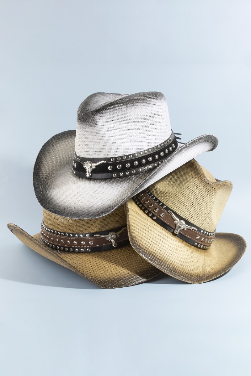 Western Long Horn Studded Strap Straw Cowboy Hat
