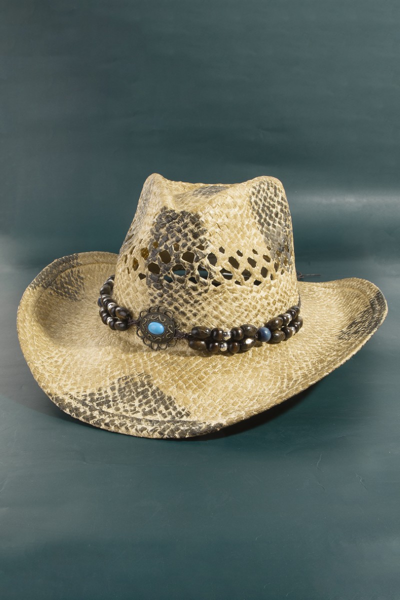 Western Straw Braided Beaded Strap Cowboy Hat