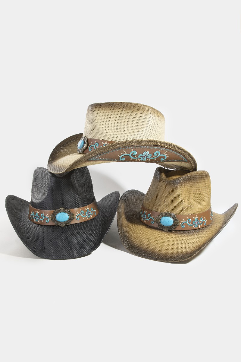 Western Straw Turquoise Stone Floral Strap Cowboy Hat