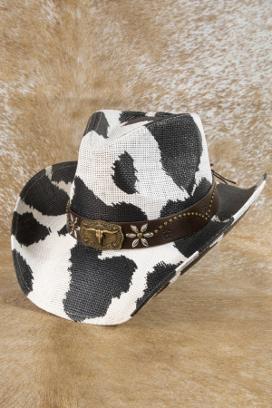 Western Longhorn Flower Belt Cowhide Print Cowboy Hat