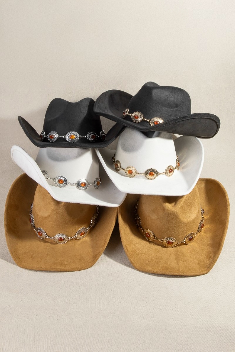 Western Oval Stone Concho Suede Chain-Strap Cowboy Hat