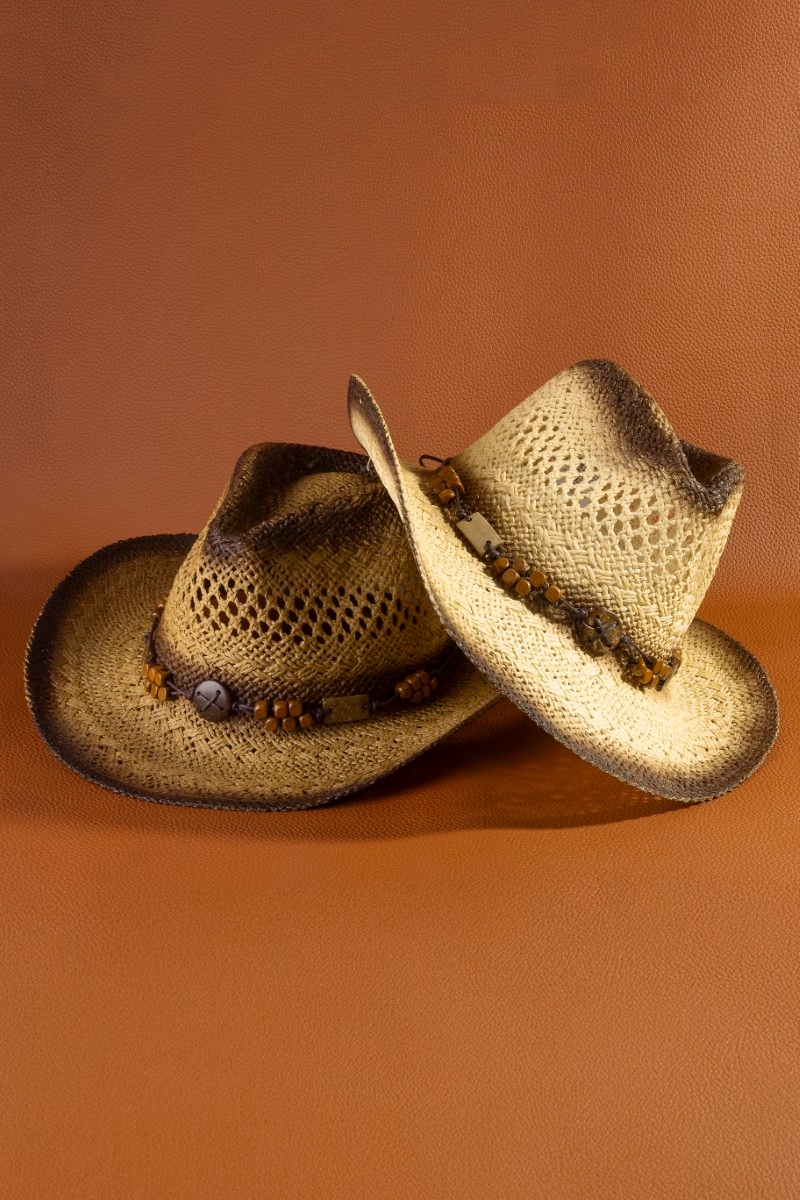 Wood Beads Strap Cowboy Straw Hat