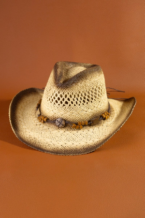 Wood Beads Strap Cowboy Straw Hat