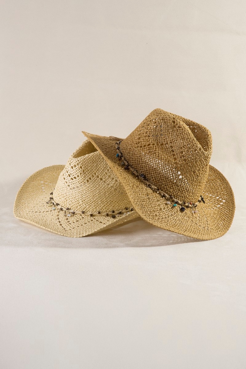 Beaded Strap Straw Cowboy Hat