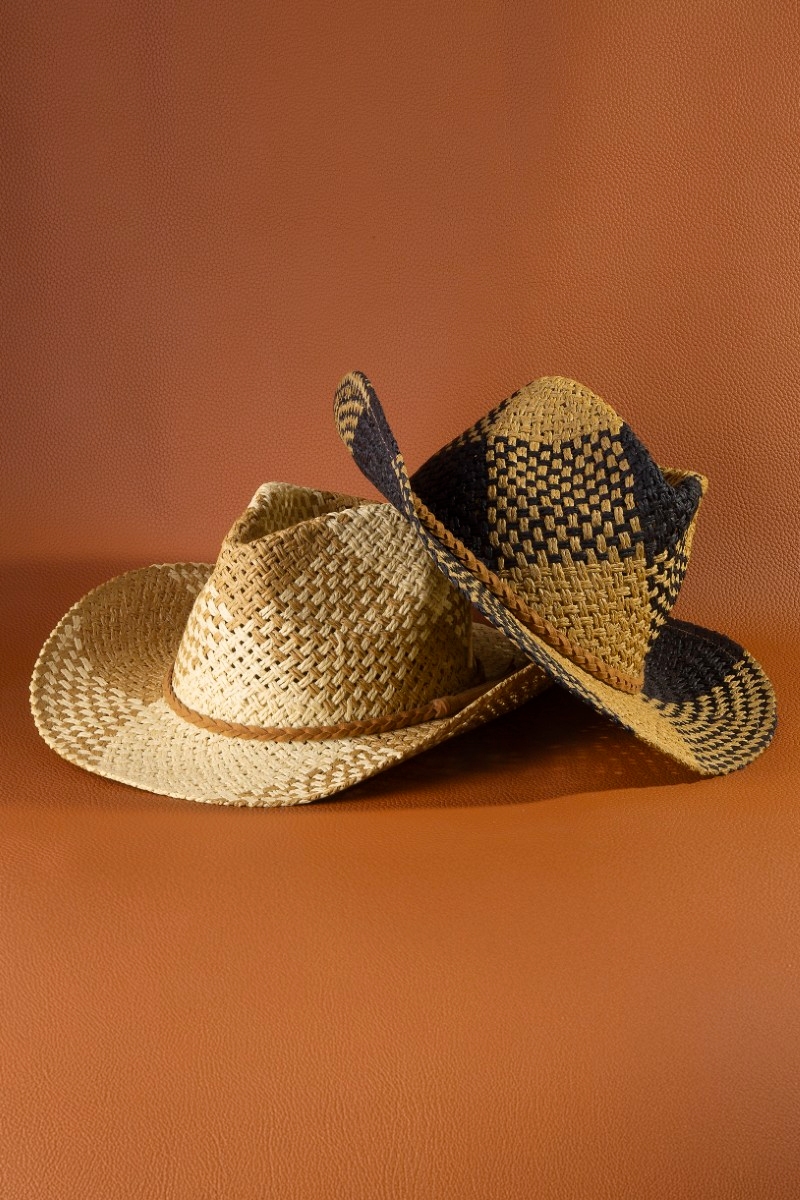 Two Tone Straw Braided Patches Cowboy Hat
