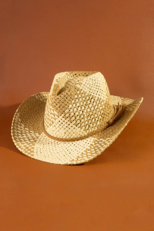 Two Tone Straw Braided Patches Cowboy Hat