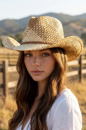 Two Tone Straw Braided Patches Cowboy Hat