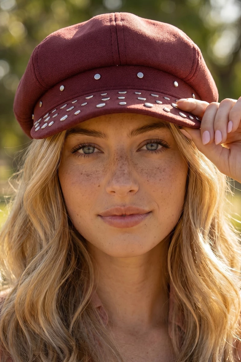 Studded Vegan Suede Newsboy Cabbie Hat