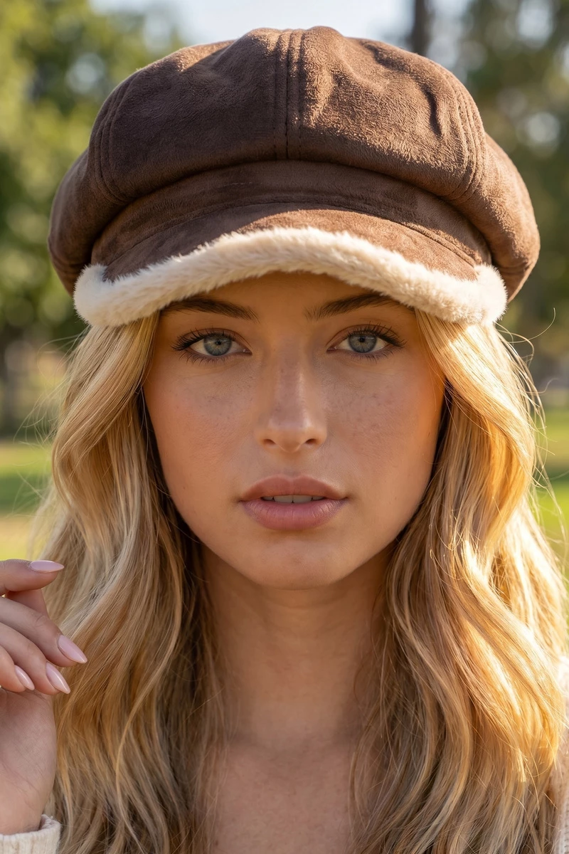 Plush Trim Vegan Suede Newsboy Cabbie Hat