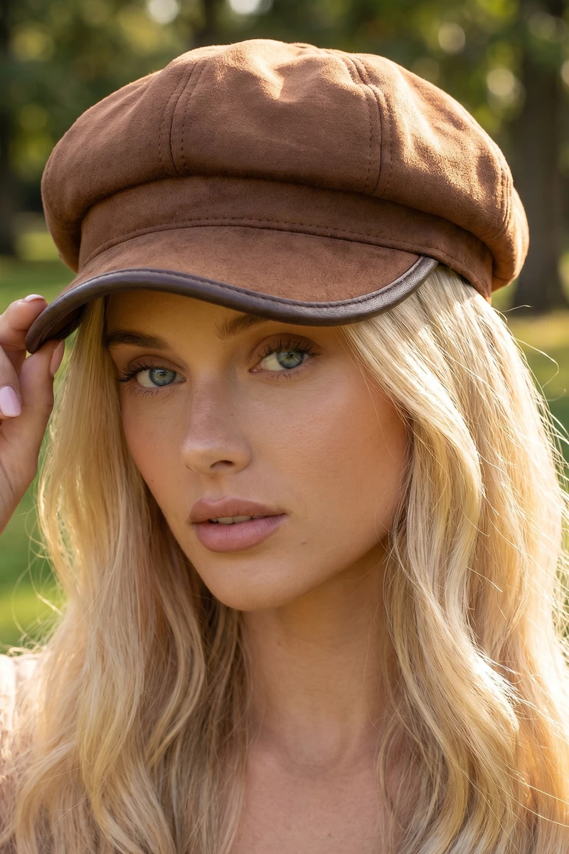 Vegan Leather Trim Newsboy Cabbie Hat