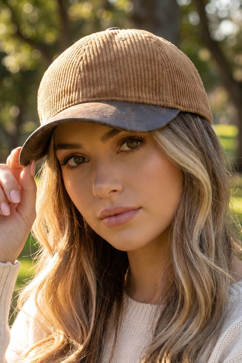 Corduroy Baseball Hat With Vegan Leather Brim