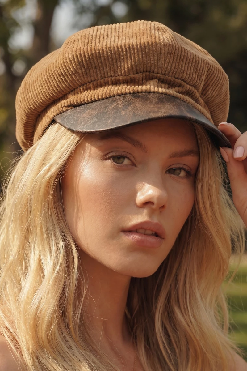 Corduroy Newsboy Hat With Vegan Leather Brim