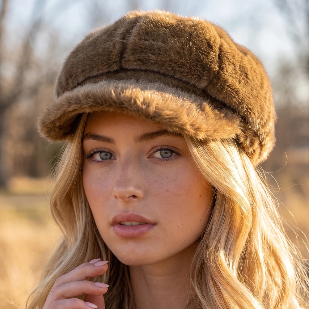 Plush Fur Newsboy Cabbie Cap