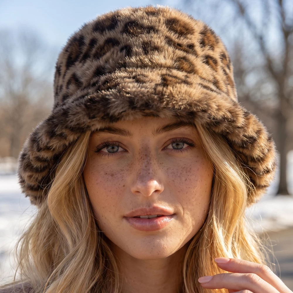 Leopard Print Plush Fur Bucket Hat