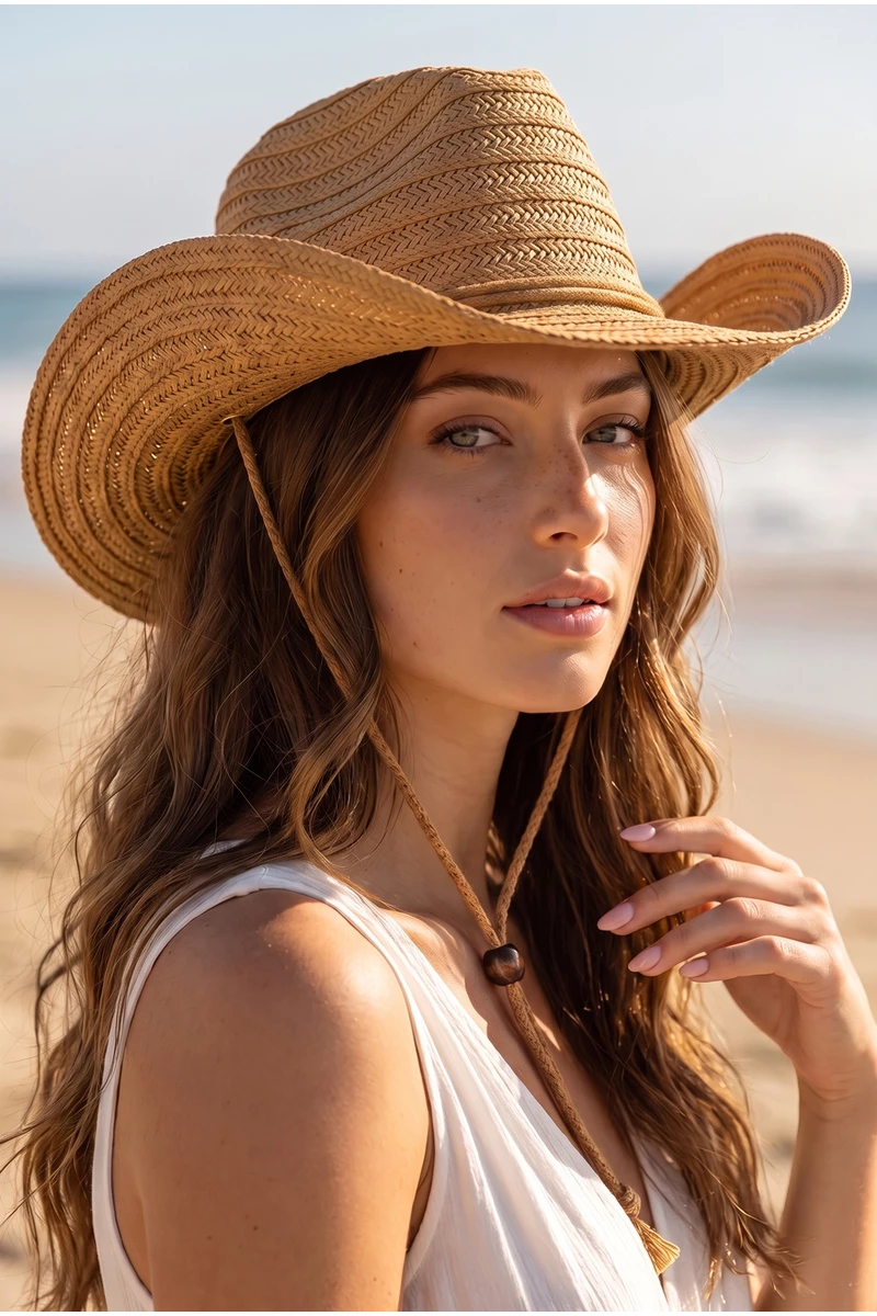 Herringbone Braided Straw Cowboy Hat With Chin Strap