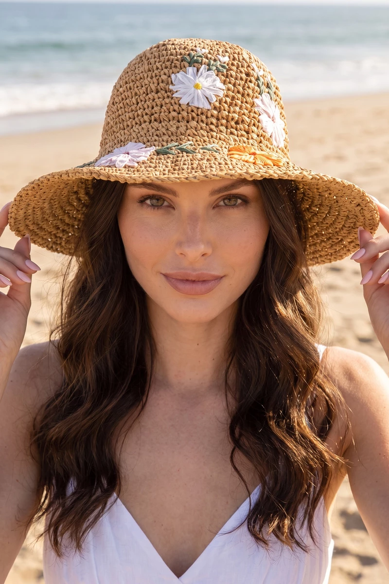 Daisy Embroidered Crochet Straw Sun Hat