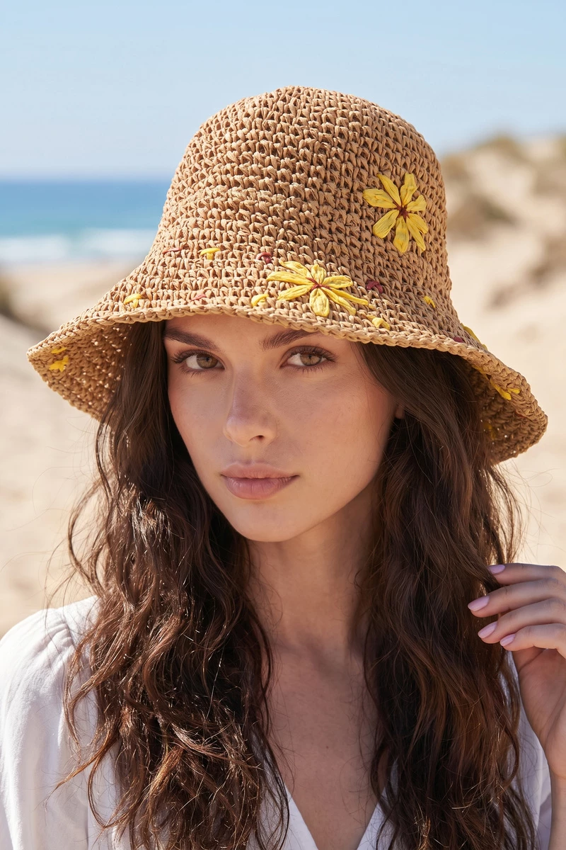 Wide Brim Raffia Daisy Crochet Straw Hat
