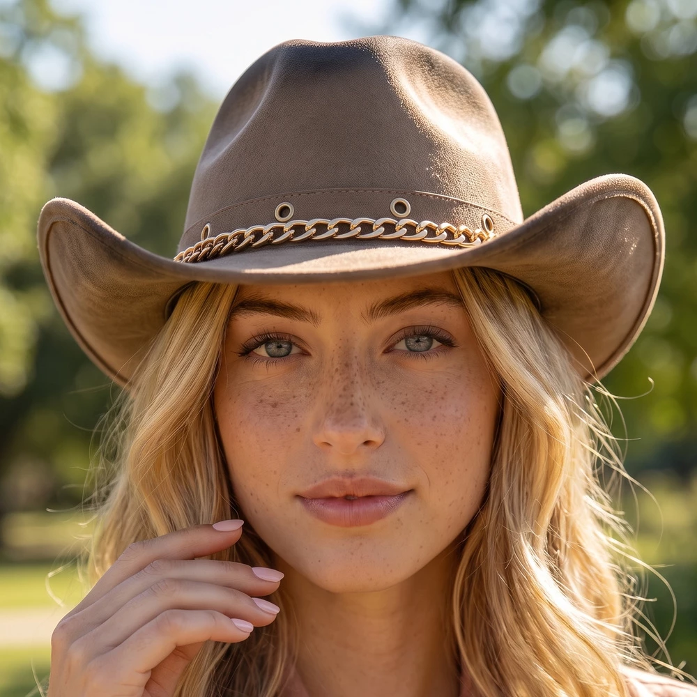 Distressed Chain Band Vegan Suede Cowboy Hat