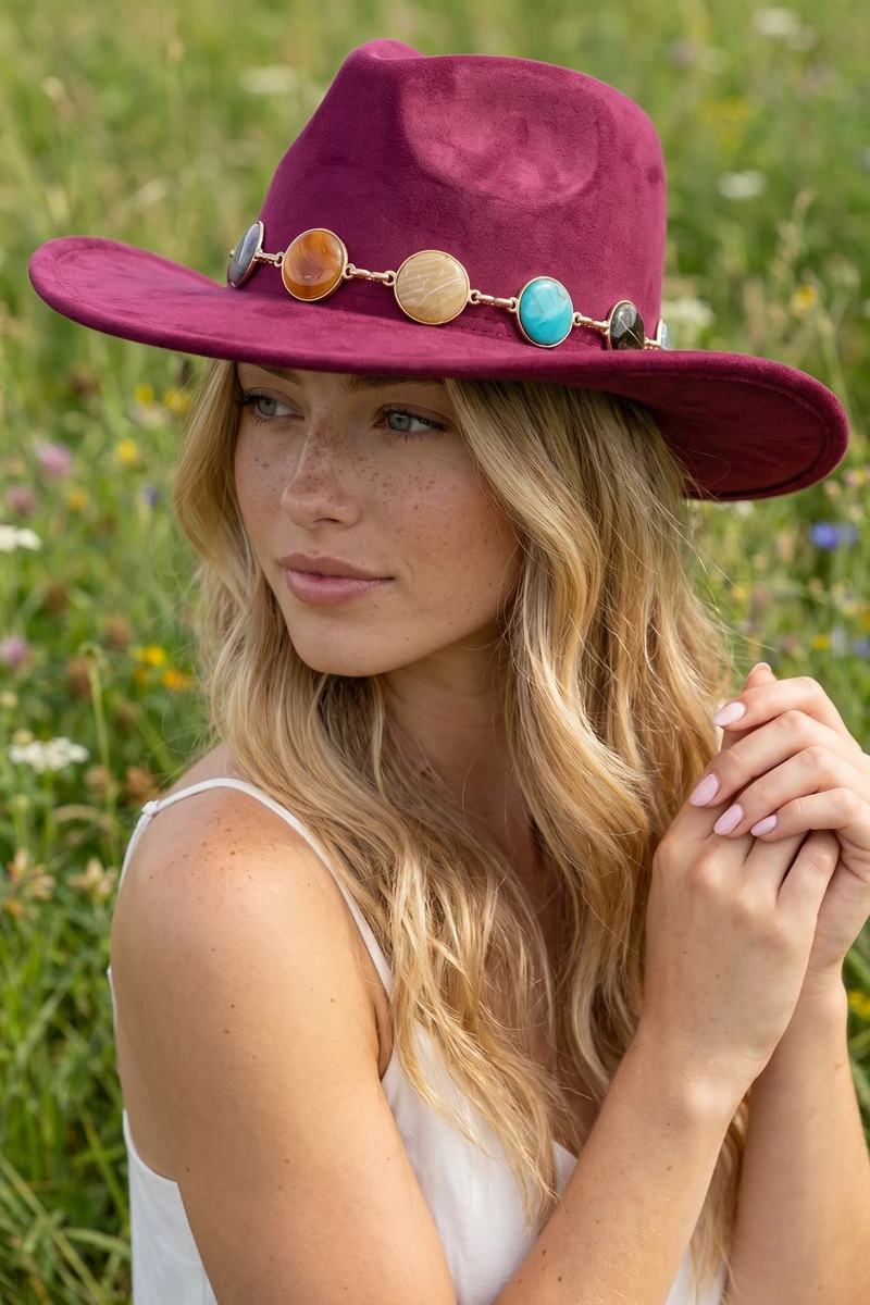 Semi Precious Stone Chain Band Fedora Hat