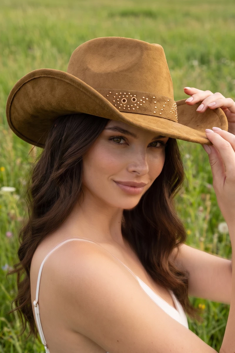 Studded Grommet Band Suede Cowboy Hat
