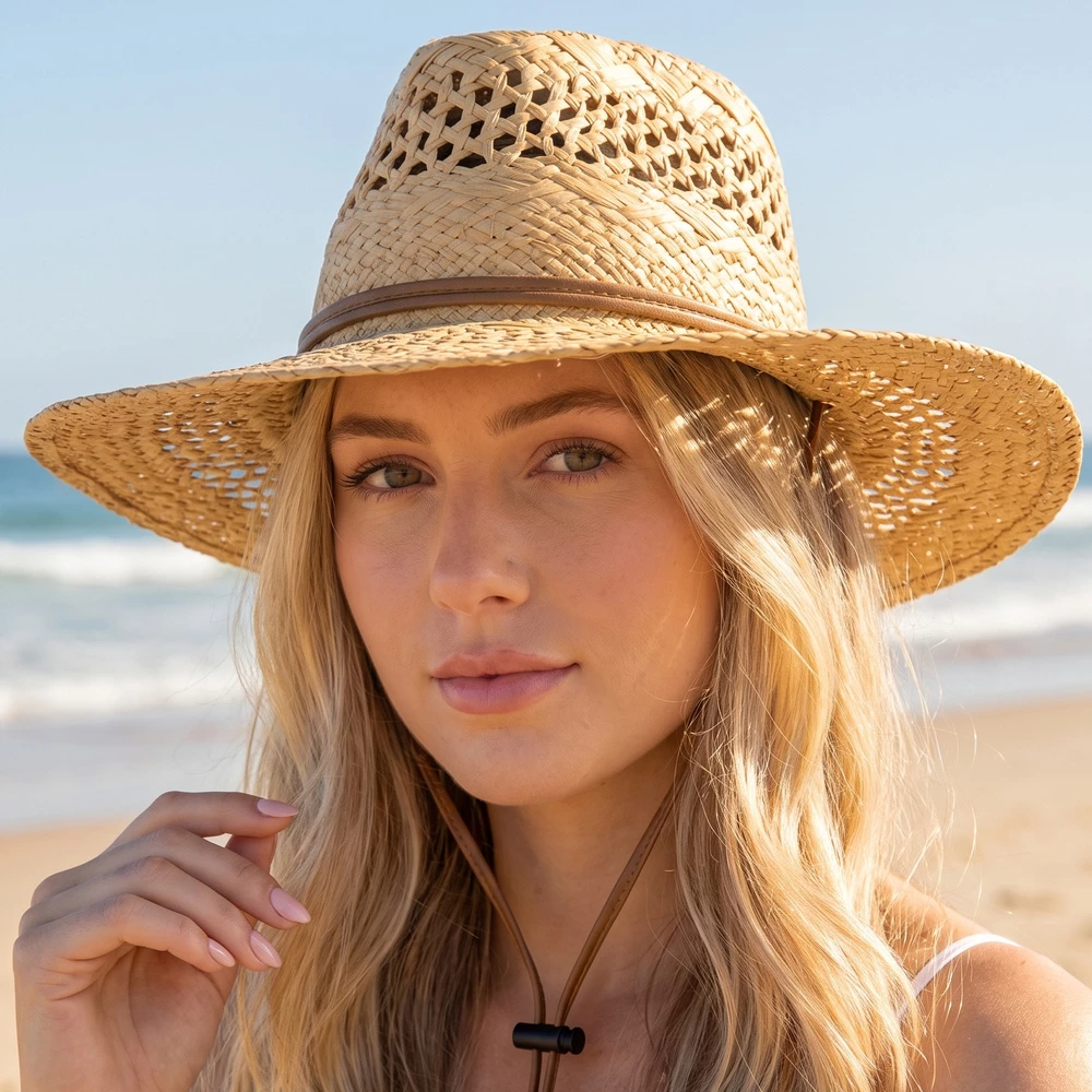Open Weave Straw Outback Hat With Chin Strap