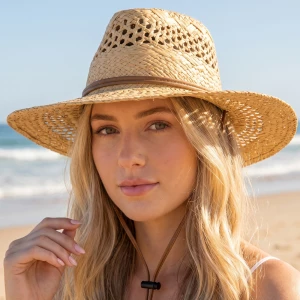 Open Weave Straw Outback Hat With Chin Strap