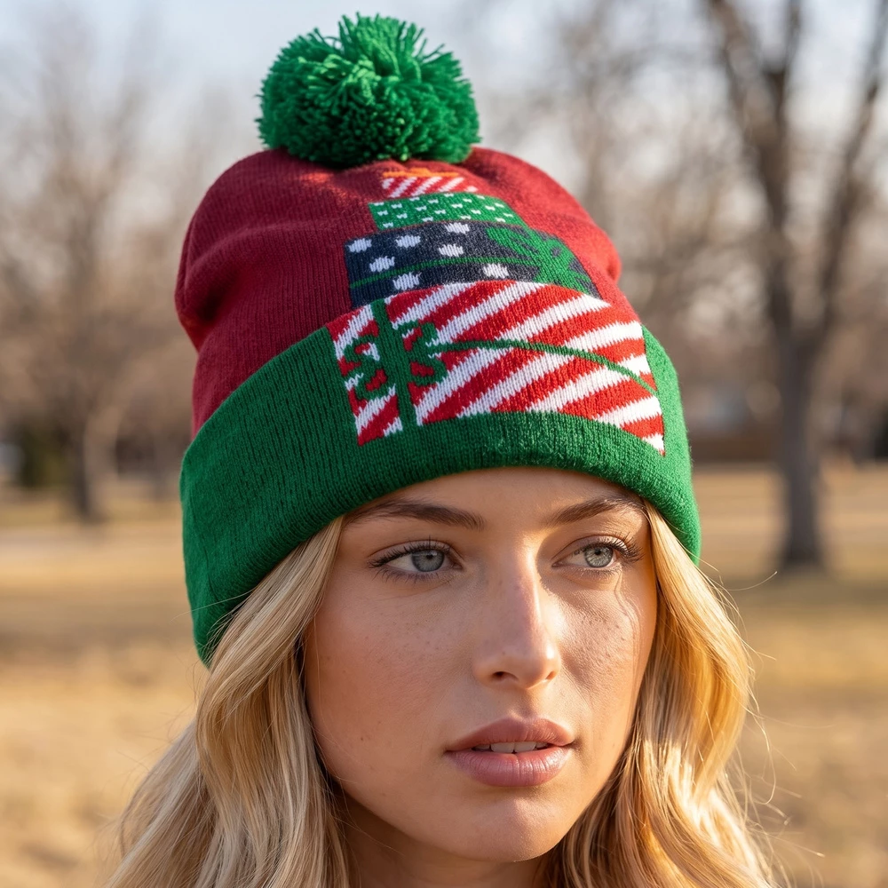 Christmas Stacked Gift Box Pom Beanie