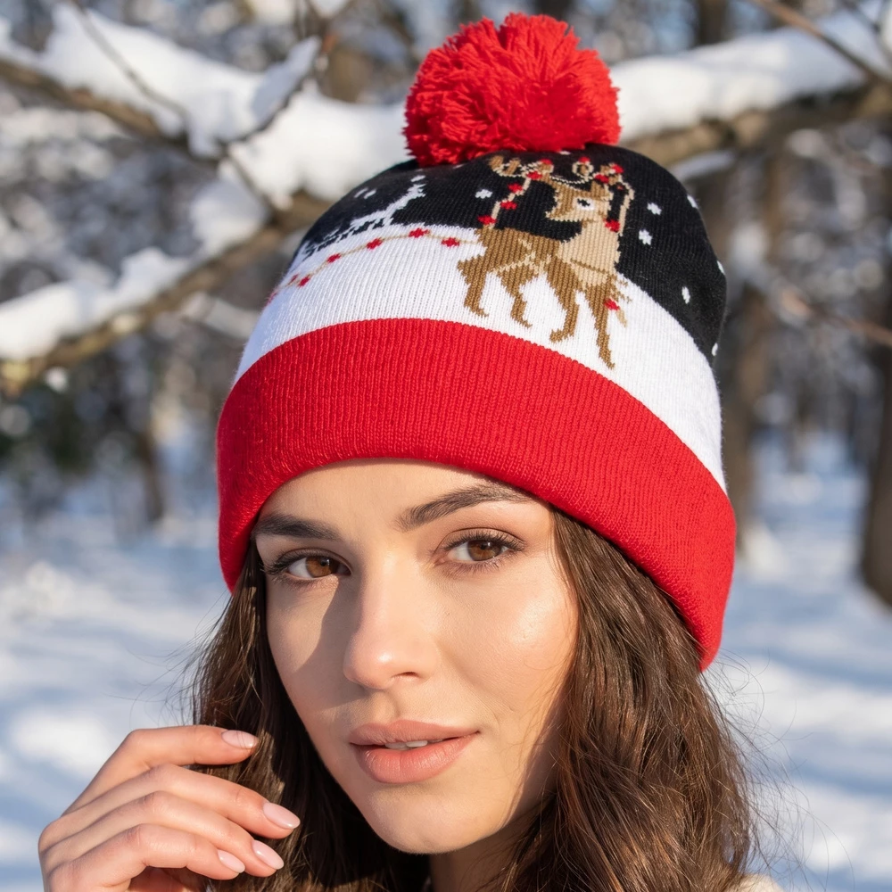 Christmas Santa Sleigh Reindeer Pom Beanie