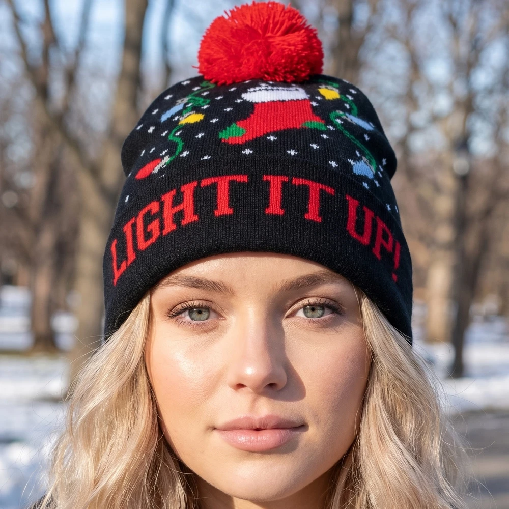 Christmas Light It Up Stocking Pom Beanie