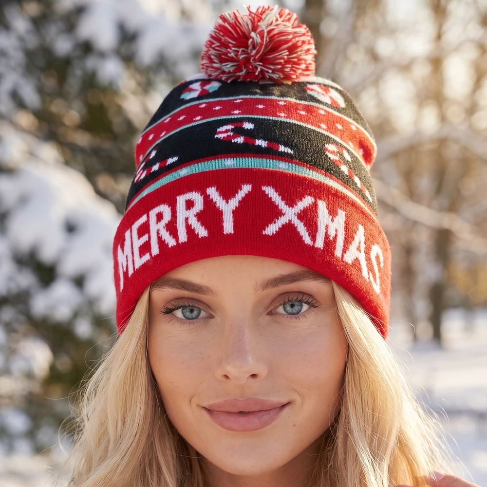 Merry Xmas Candy Cane Stripe Pom Beanie