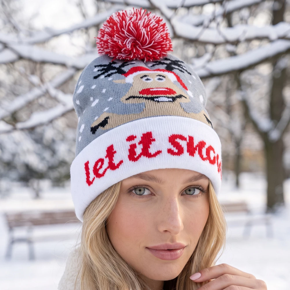 Christmas Let It Snow Reindeer Pom Beanie