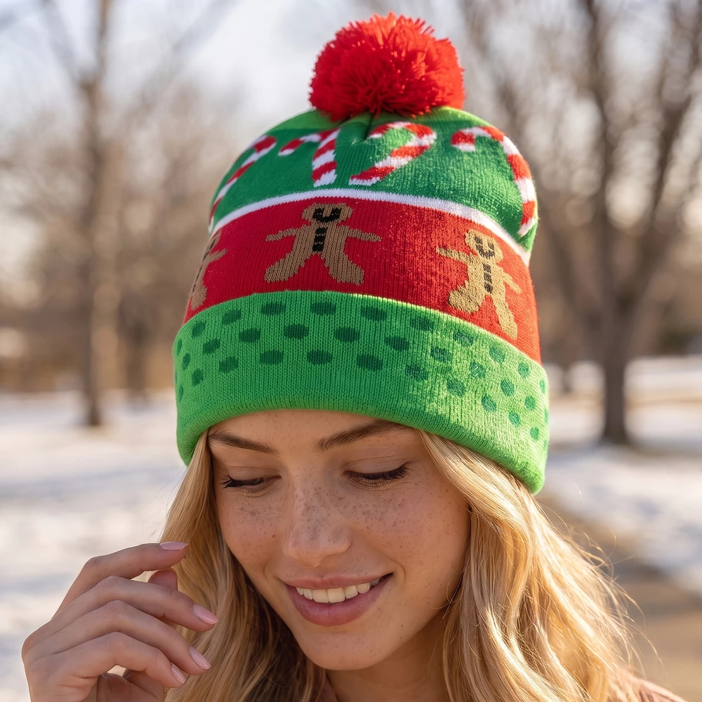 Christmas Gingerbread Man Candy Cane Pom Beanie