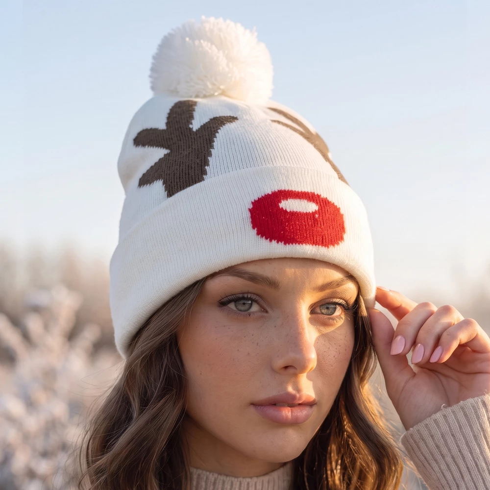 Christmas Reindeer Antler Pom Beanie