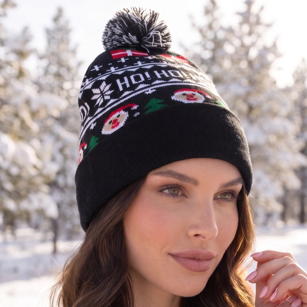 Christmas Ho Ho Ho Santa Face Pom Beanie