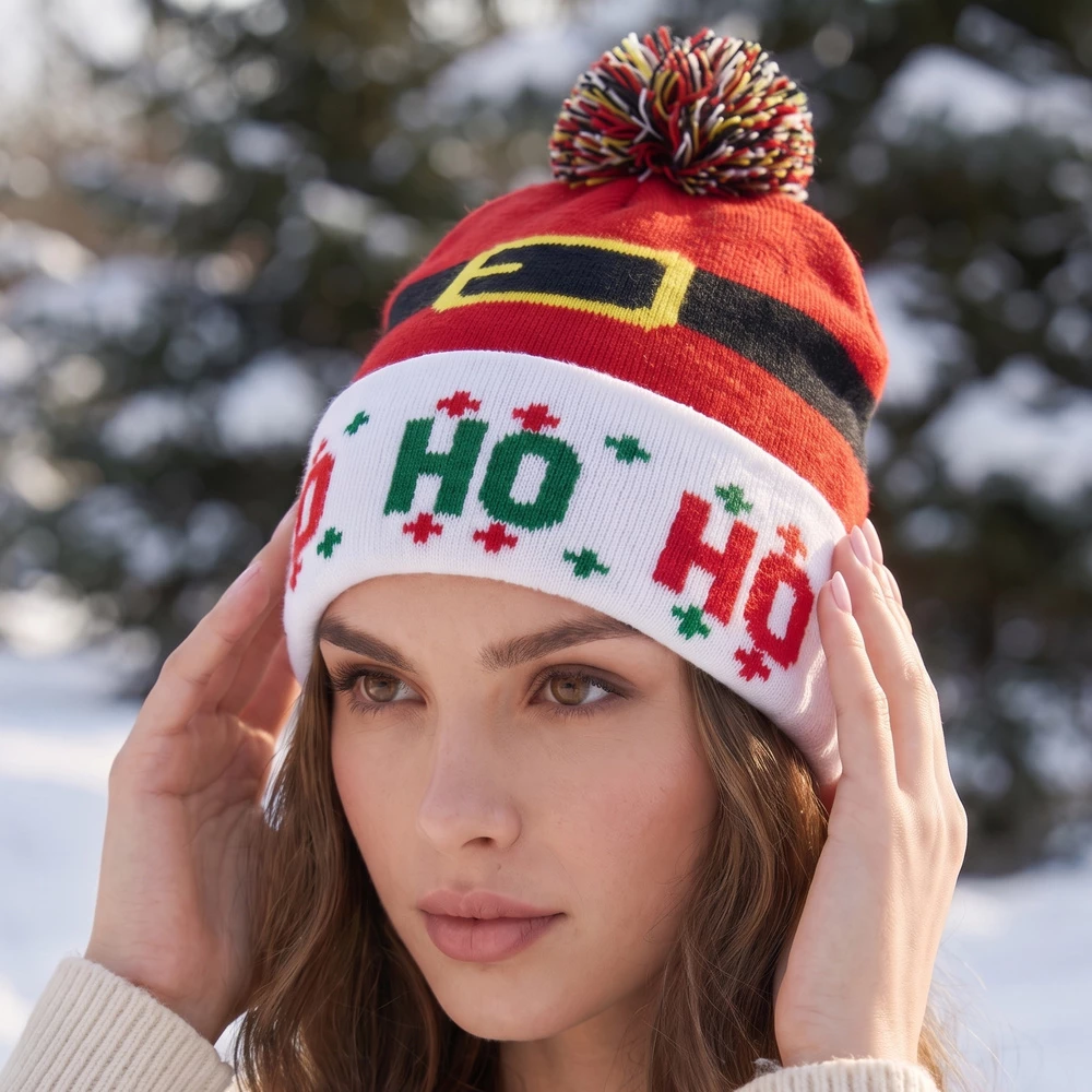 Christmas Santa Suit Belt Pom Beanie