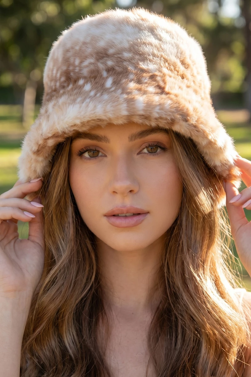 Spotted Plush Fawn Fur Bucket Hat