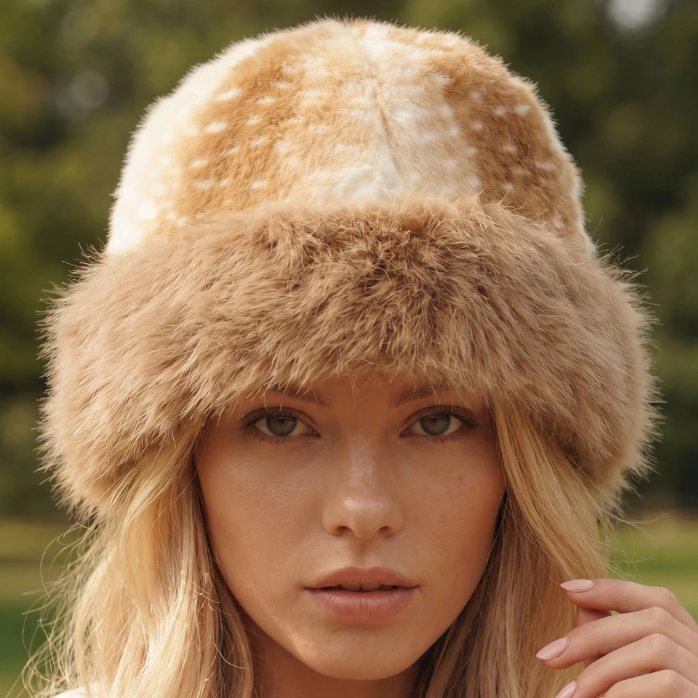 Deer Fawn Print Marled Fur Trim Bucket Hat