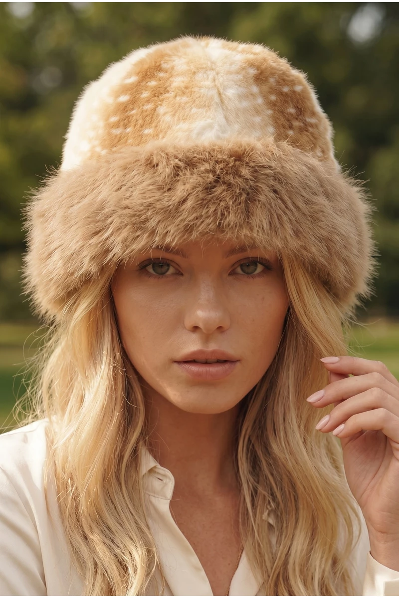 Deer Fawn Print Marled Fur Trim Bucket Hat