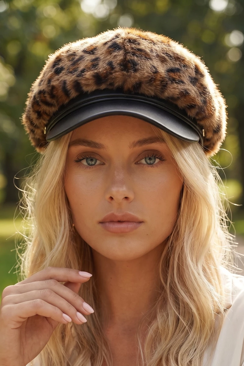 Leopard Print Fur Newsboy Cabbie Hat