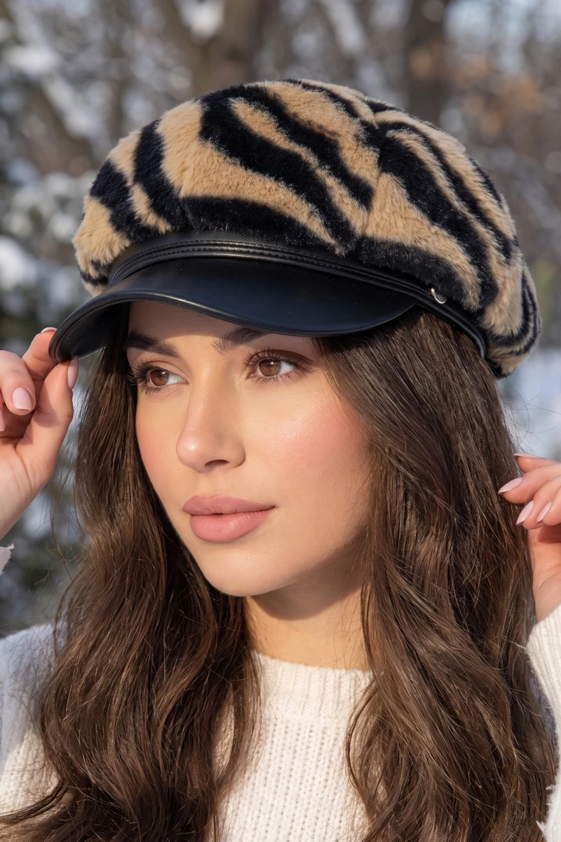 Zebra Stripe Plush Baker Boy Cap