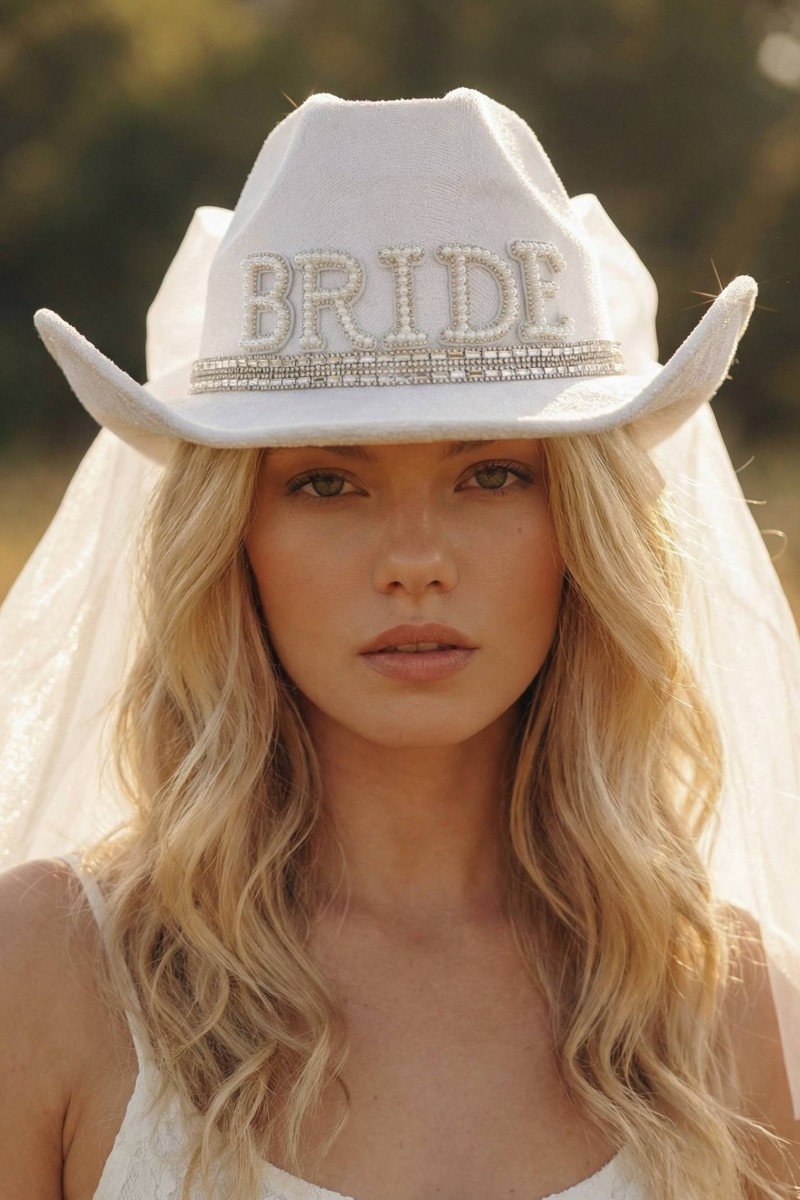 Pearl Rhinestone Stud Ribbon Bride Cowboy Hat
