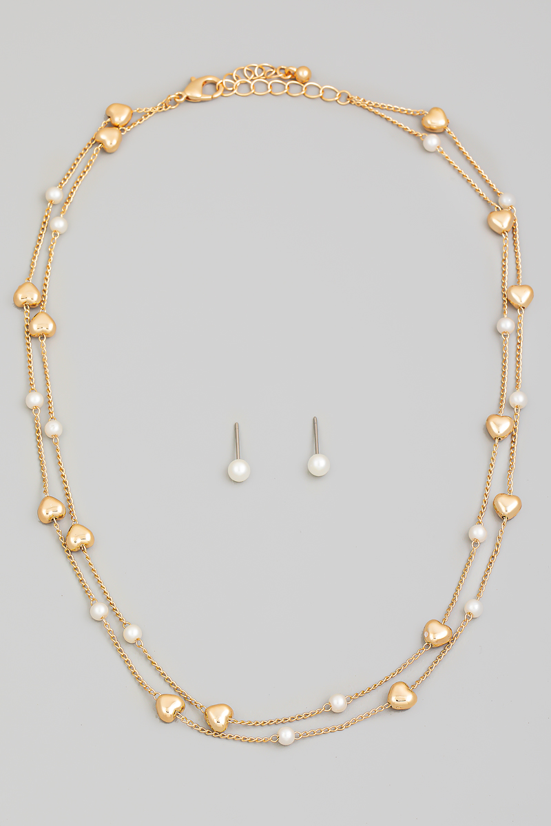 Metallic Heart And Pearl Station Chain Necklace